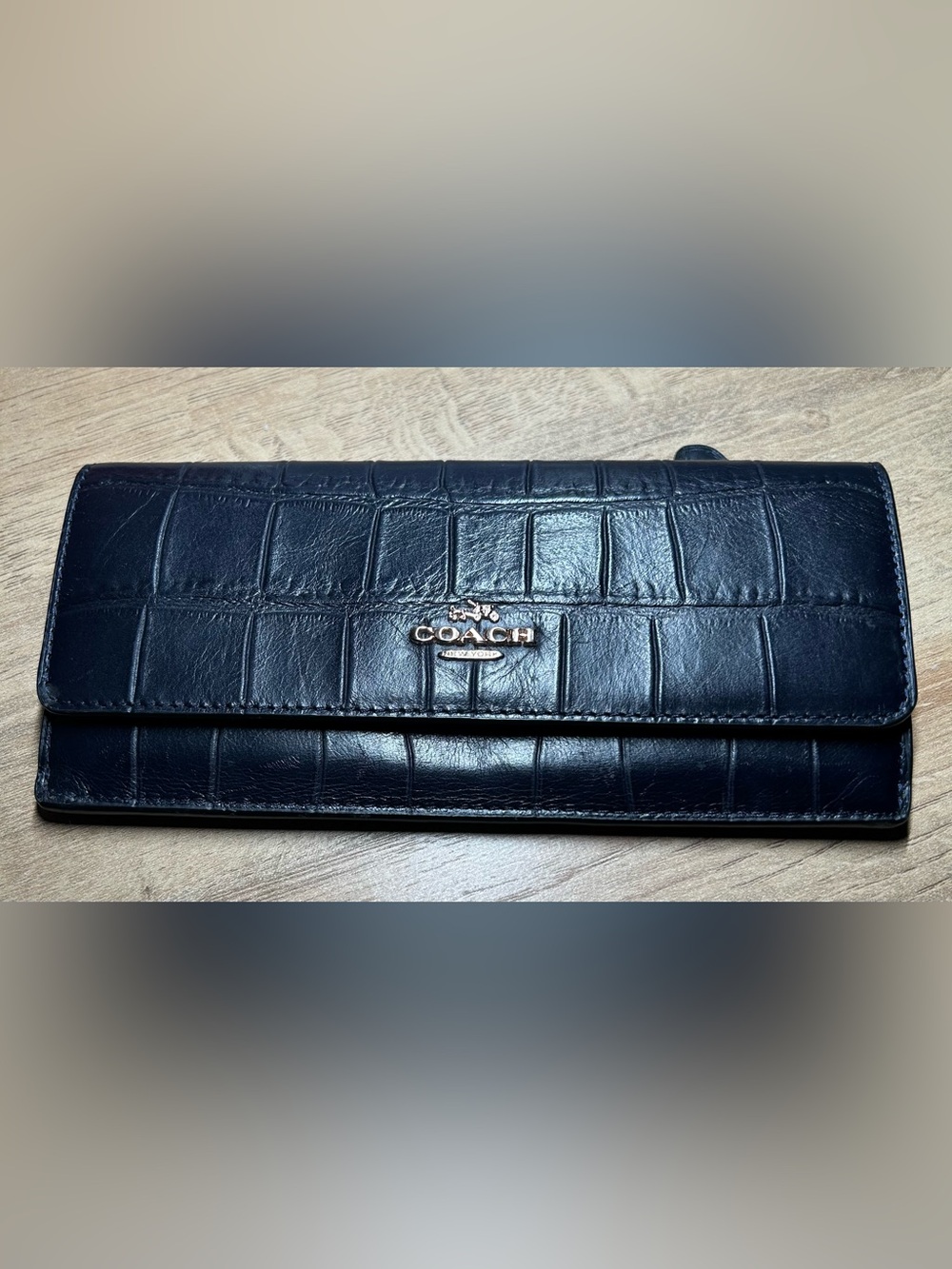 Coach Navy Croc-Embossed Continental Wallet with Snap Closure. 
EUC
